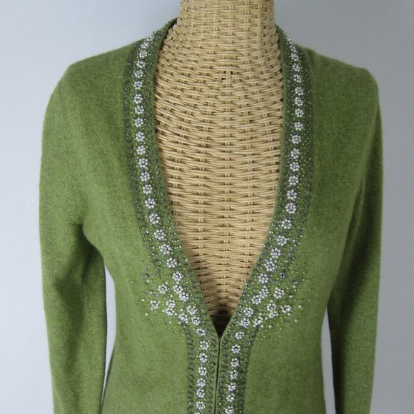 J Crew Women S Olive Green Angora Merino Wool Cashmere Beaded Pearls LS Cardigan - Picture 2 of 9
